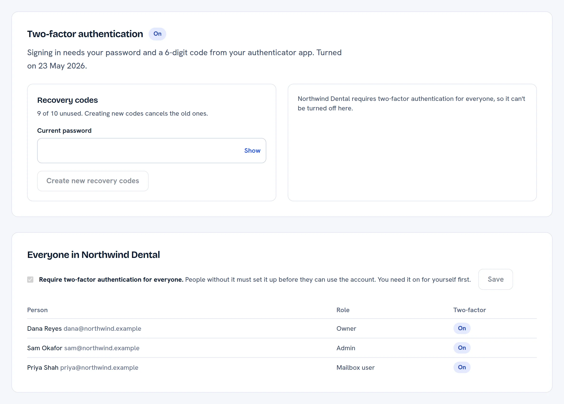 Account security page with sample data: two-factor authentication turned on, recovery codes remaining, and a team table showing that the account requires two-factor authentication and that every person has it on.